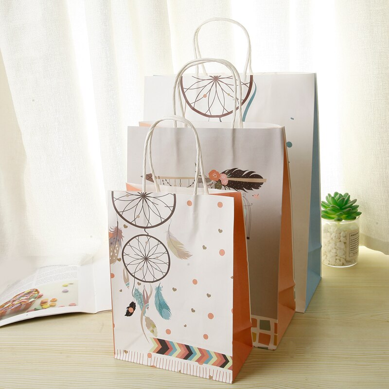 10Pcs Dromerige Kraft Papieren Zakken Met Handvat Dream Catcher Papieren Zakken Nieuwjaar Wedding Party Gunst Deco Pakket 22x16cm