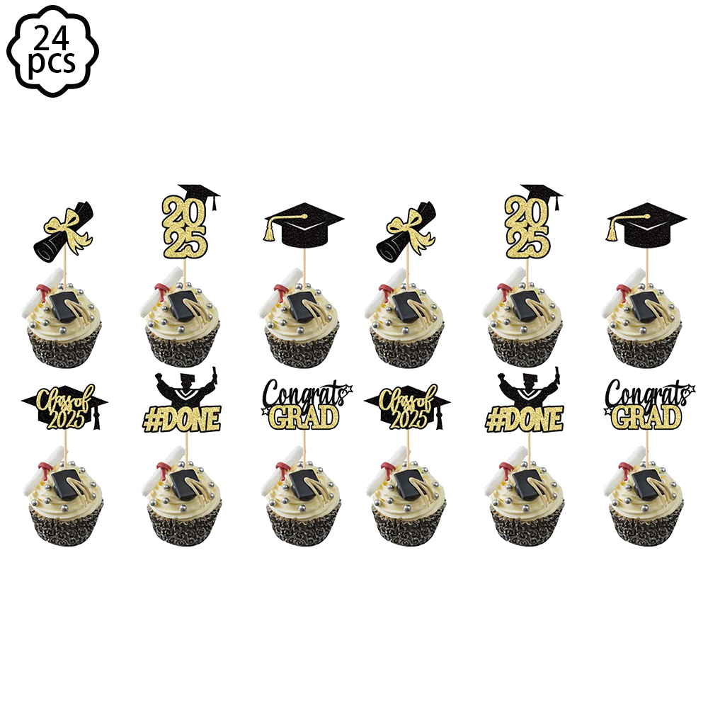 2025 Afstuderen Themafeest Taart Decor Taart Toppers Afstuderen cap Groet cupcake Decor toppers Afstuderen Feestdecoratie: Fluorescentie Geel