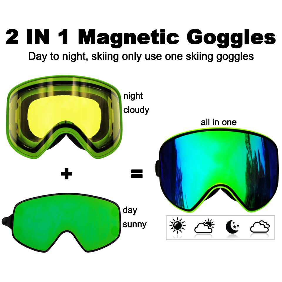 Locle Magnetische Skibril 2 In 1 Mannen Vrouwen Snowboard Bril Skiën Bril Brillen Sneeuw Anti-Fog Ski Masker
