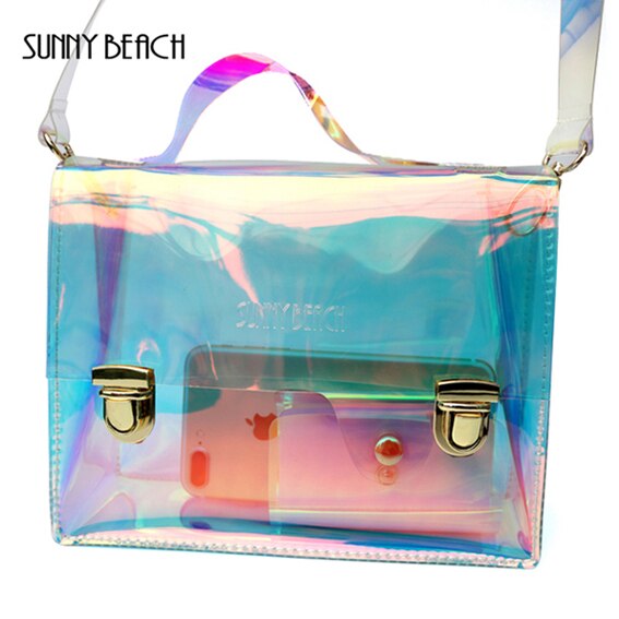 Słoneczny brzeg moda przezroczysty hologram laserowa torba z grubej bawełny kobiet torba holograficzna tornister szkolny PVC przezroczysta torba na plażę: Default Title
