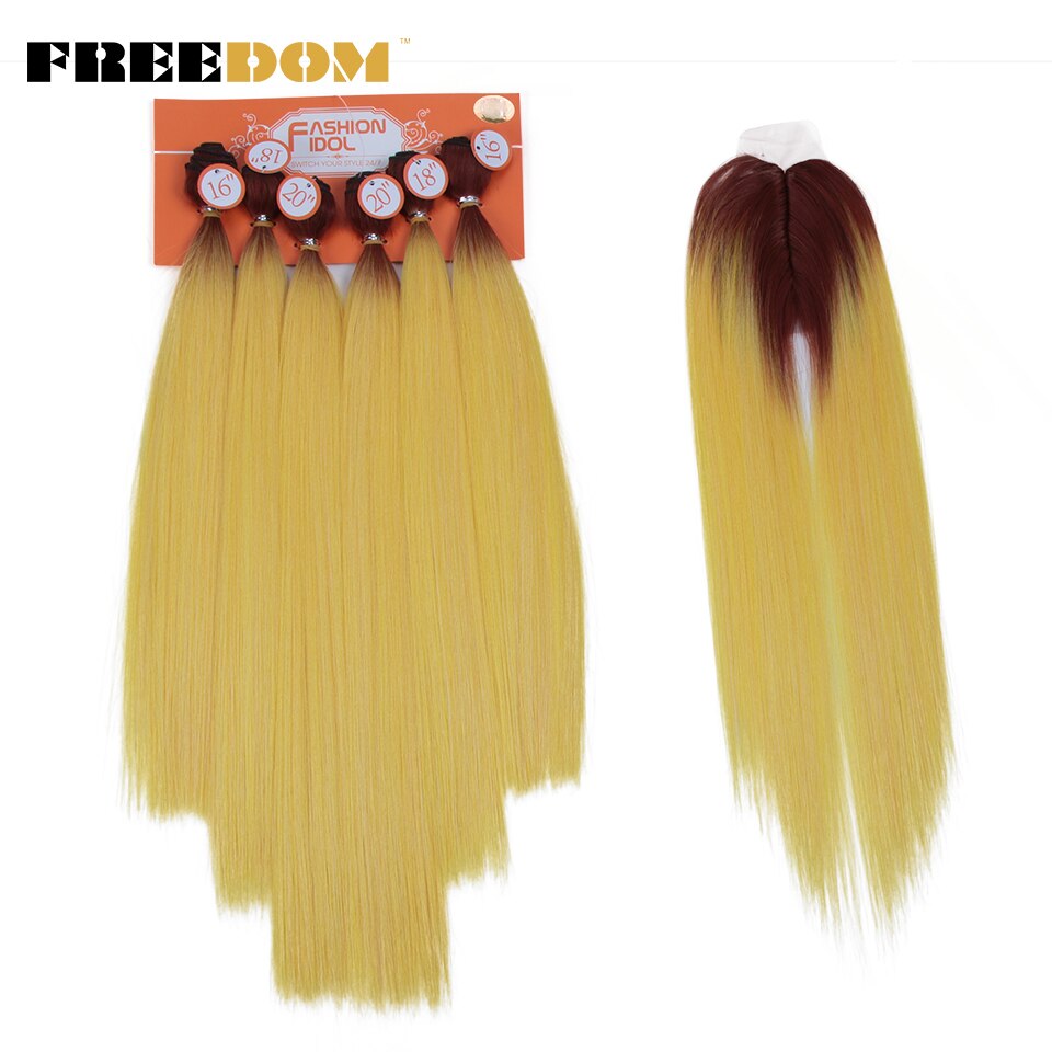 FREEDOM mèches Yaki synthétiques lisses ombrées de 16 à 20 pouces avec Closure, extensions de cheveux, lot de 7 pièces