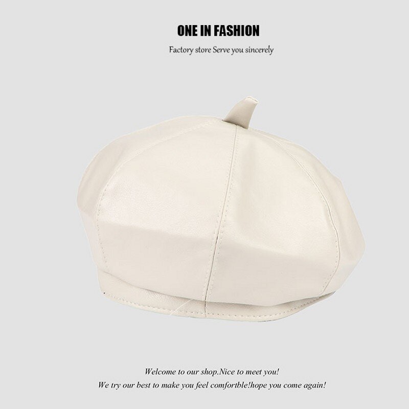 Vintage Women Beret Solid Beret Cap Pu Leather Beret French Artist Warm Beanie Pumpkin Hat Female Ladies All-Match Adjustable: White