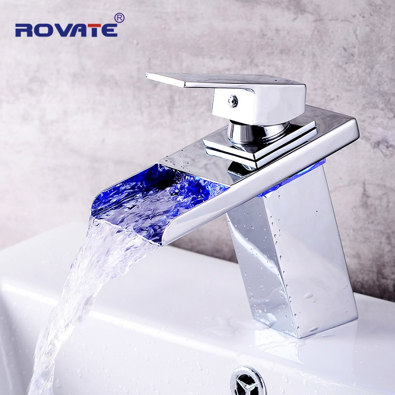 Grifo de lavabo LED, cascada de latón, cambio de colores de temperatura, grifo de Mezclador de Baño montado en cubierta, grifos de vidrio para lavabo: 102-1