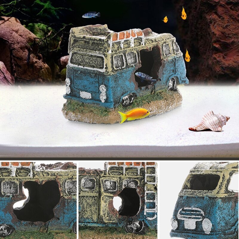 Wreck Car Aquarium Resin Decorations for Fish Tank Aquarium Ornament Simulation Vehicle Cave Hideout for Shrimp Fish