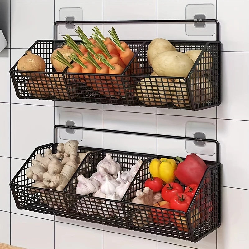 Cesta de armazenamento de cozinha montada na parede, rack de armazenamento de fio durável para legumes e frutas, adequado para organização doméstica