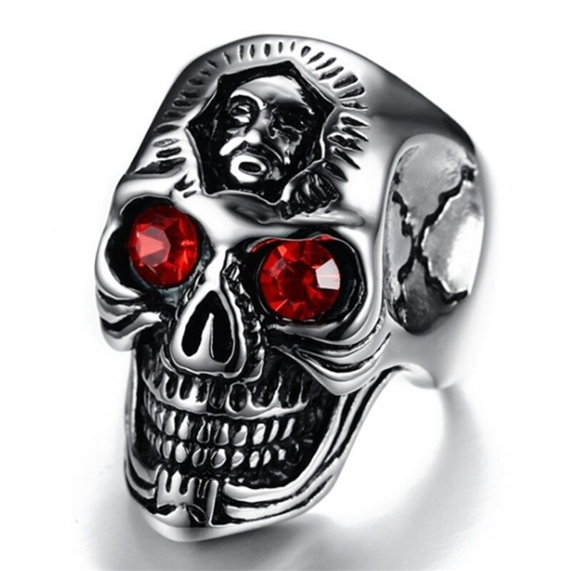 Stainless Steel Punk Floral Totem Red Zircon Gothic Skull Ring For Men Accessories Jewelry Anniversary Party: 7