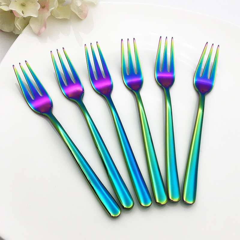 Rainbow Fork Dessert Cake Fruit Forks Three Tines Long Handle Tea Fork set Kitchen Cutlery Stainless steel Dinnerware Xmas