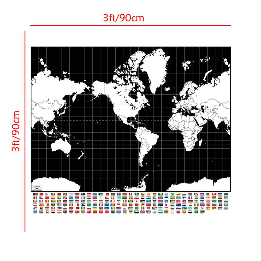 Sort og hvid plade verdenskort non-woven vandtæt inkjet kort 90 x 90cm