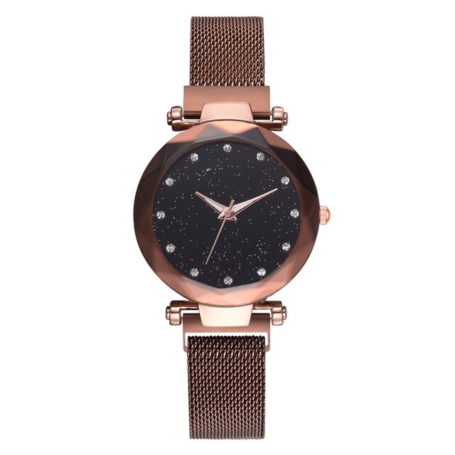 Relogio Feminino Women Starry Sky Watches Magnetic Mesh Belt Watch Women Dress Luminous Quartz Wristwatch Zegarek Damski: A Brown