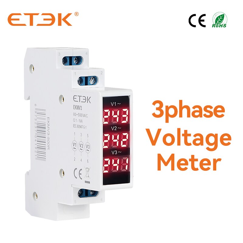 Voltímetro trifásico Digital Led Modular para medidor de voltaje de carril Din Ac 220v 230v 380v 80-500V EKMV3 ETEK