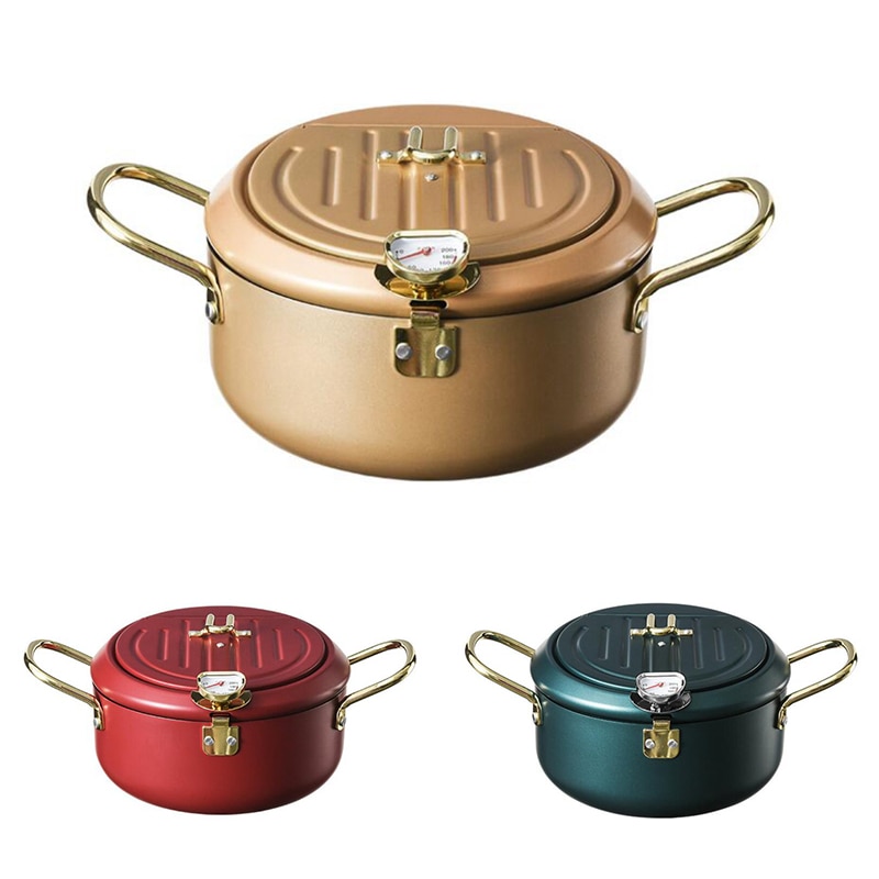 Kitchen Deep Frying Pot with Lid and Thermometer Non Stick Tempura Deep Fryer Stainless Steel French Fries Fryer Pan