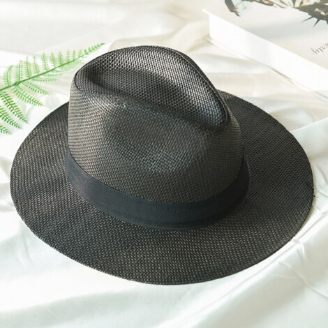 Ht2261 sommer hatte til mænd kvinder halm panama hatte solid almindelig bred kant strand hatte med bånd unisex fedora sol hat: Sort