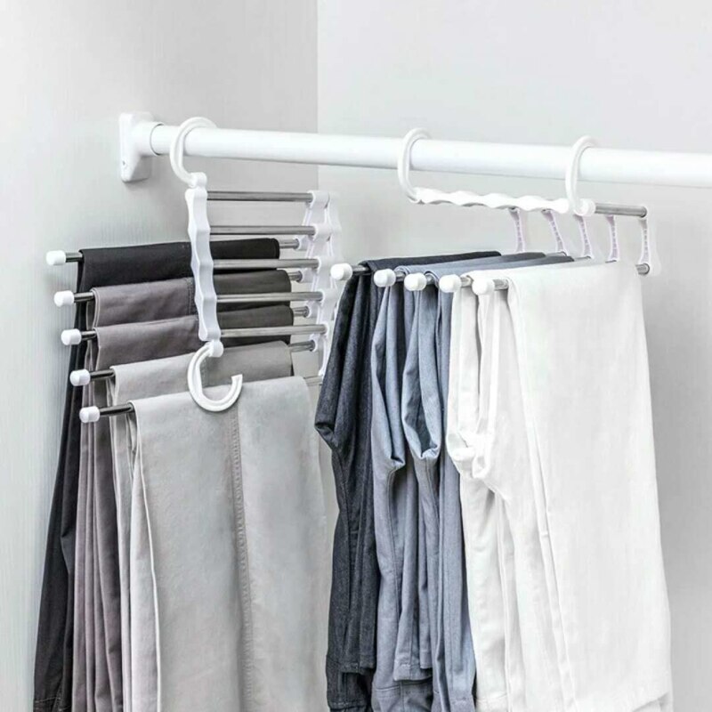 Percheros portátiles de acero inoxidable de 5 niveles para pantalones percha multifunción para pantalones, ganchos para pantalones, organización de almacenamiento de ropa,