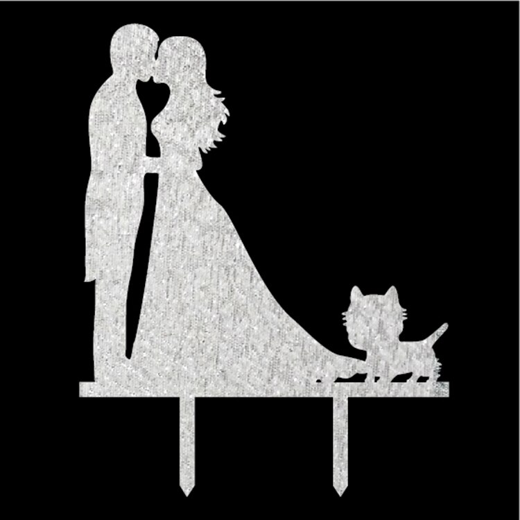 Wedding Bride Groom With Cat Cake Flag Toppers Black White Shiny Gold Silver For Wedding Engagement Party Cake Baking Decor