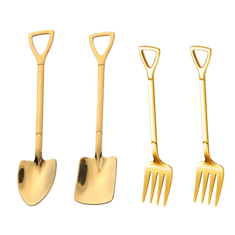 4PCS Coffee Spoon Cutlery Set Stainless Steel Retro Iron Shovel Ice Cream Spoon Fork Spoon Fruit Fork Tableware: 4Pcs Gold