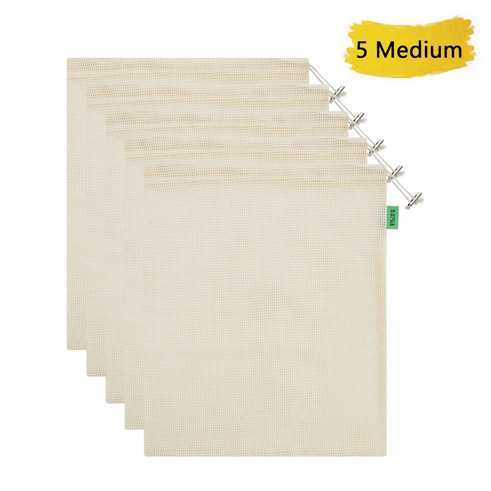 Biologisch katoenen netzak, herbruikbare netzakken voor groenten en fruit, milieuvriendelijke groente- en fruitboodschappentas met trekkoord: 5 middelgrote