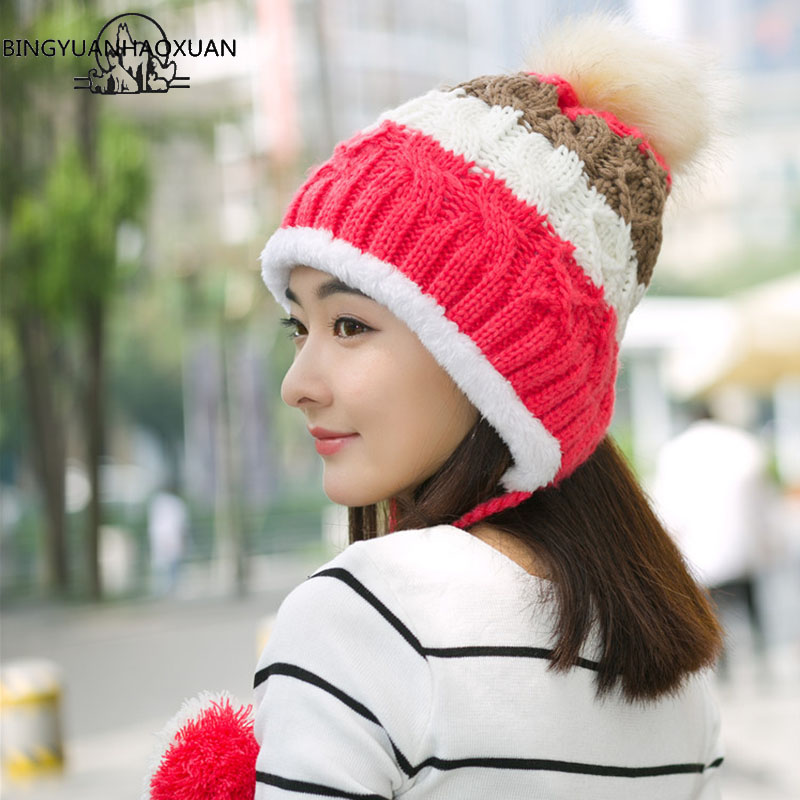 Bingyuanhaoxuan ompelemalla neulottu hattu naisille sekoitettu pallo riippupallo talvilippikset tytöille paksut puuvillahatut aikuisten syyshattu: Punainen