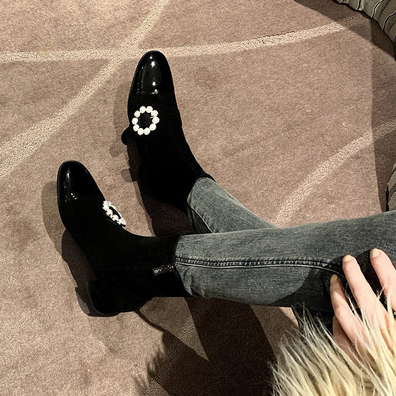 Boots Ladies Woman Round Toe Platform Flats Pearl Short Boots For Women Fabric Stretch Ankle Boot Low Heel