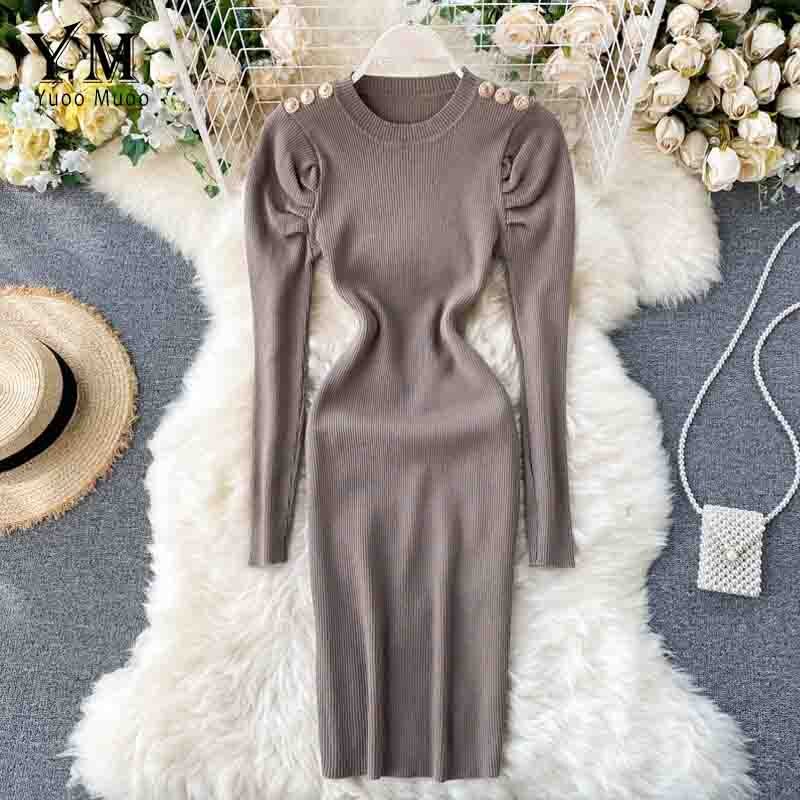 Yuoomuoo Herfst Winter Vrouwen Gebreide Jurk Europa Knoppen Lange Puff Mouwen Elegante Jurk Dames Bodycon Jurk: Bruin