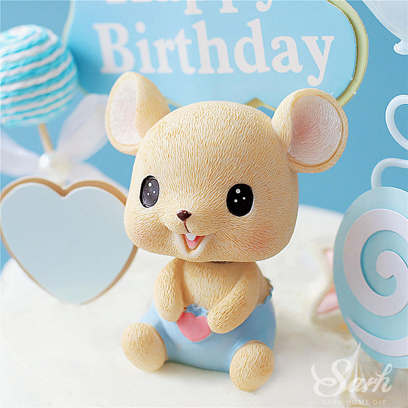 Décoration de la tête souris rose et bleu | En forme de cœur, moulin à vent, décoration de gâteau joyeux anniversaire, pour fête, fournitures de pâtisserie,