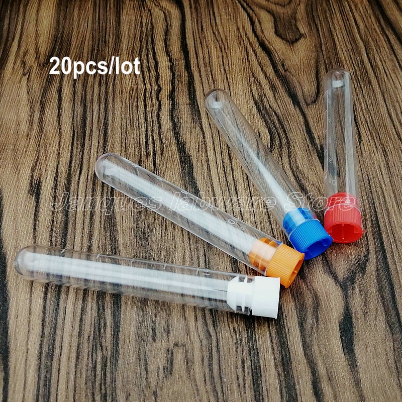 20pcs 16x100mm Clear Plastic Test Tubes With Color Caps and Scale,Party Candy Bottle with Round Bottom Wedding Vial