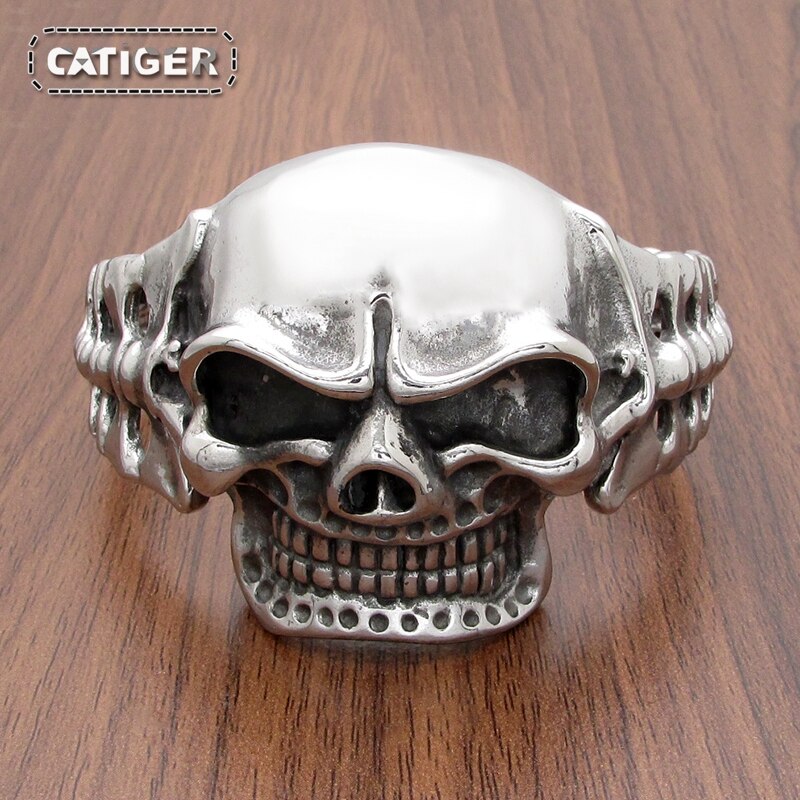 Punk argent couleur noir couleur 316L acier inoxydable gothique Vintage lourd gros crâne os manchette bracelet