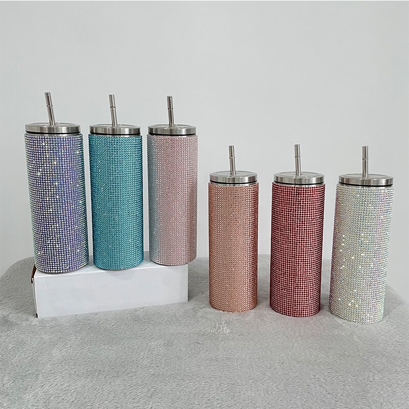 Luxury Diamond 20oz Bling Rhinestone Crystal skinny Tumbler Double Walled Insulated Stainless Steel Skinny Thermo With Lid Straw
