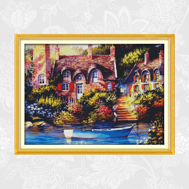 Kits de points de croix DMC | Toile imprimée comptée à motifs de paysage tranquille, bricolage broderie au point de croix