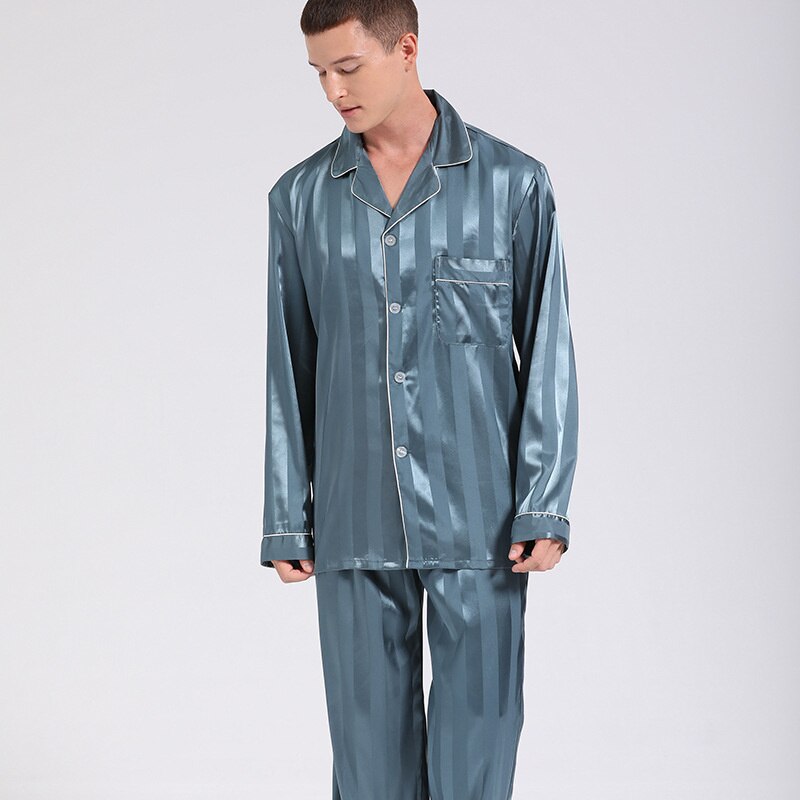 PrinStory Heren Pyjamaset Nachtkleding Pjs Lange Mouw Bovenstuk en Broek Slaapsets, B Navy Blauw, M