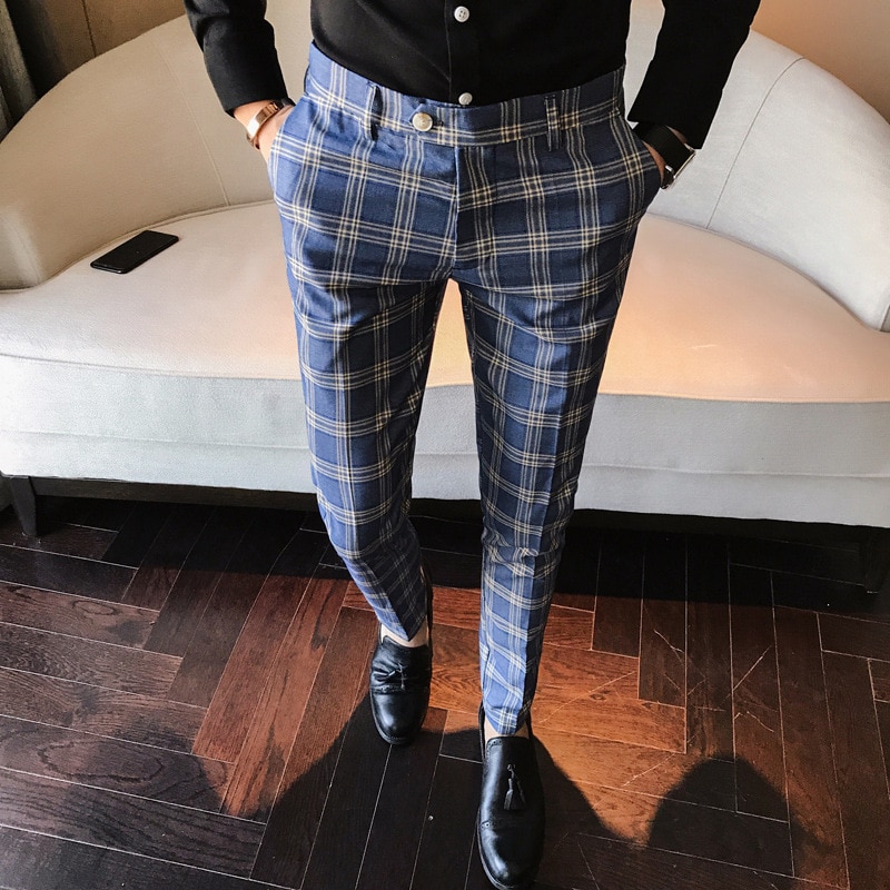 Mens Plaid Pants Men Casual Trousers Men Dress Pants Slim Fit: Blue / 30