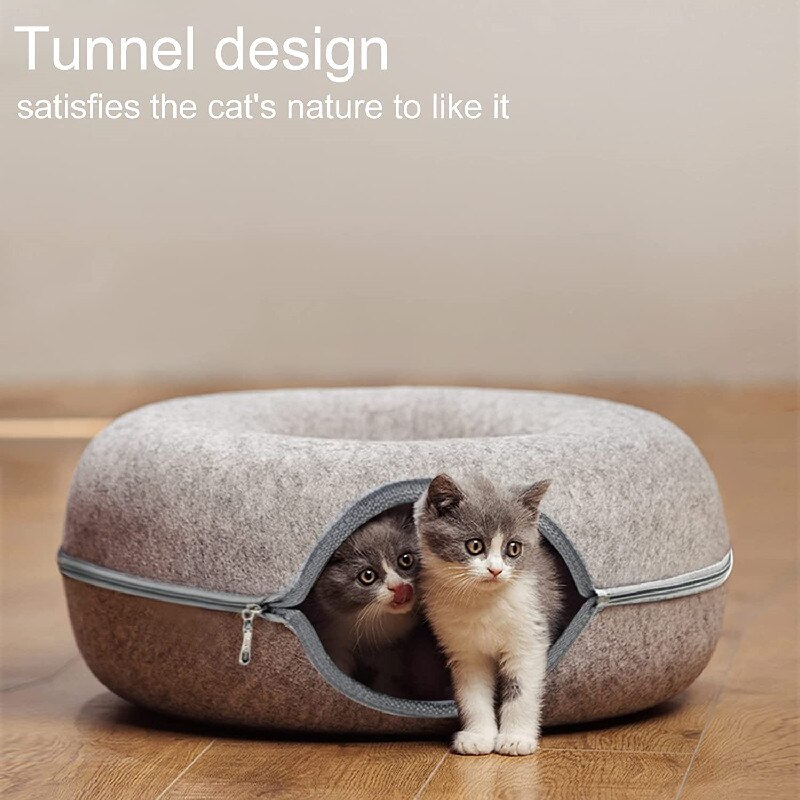 Trendy katteseng til indendørs katte kat tunnel og rund donut seng stor kat hule seng kat hård filt lynlås pude til alle årstider
