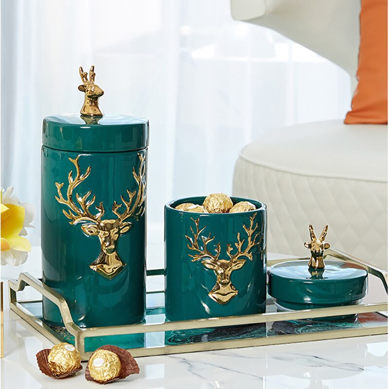 European-style Ceramic Deer Head Storage Jar Green Golden Deer Decoration Household Candy Jar Kitchen Storage Container