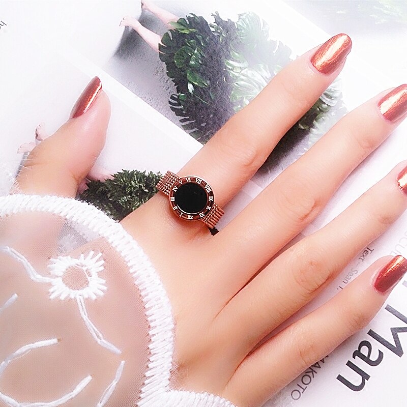 YUN RUO Rose Gold color 316L Titanium Steel Roman Numerals Woven Mesh Cheap Ring Woman Jewelry Never Fade