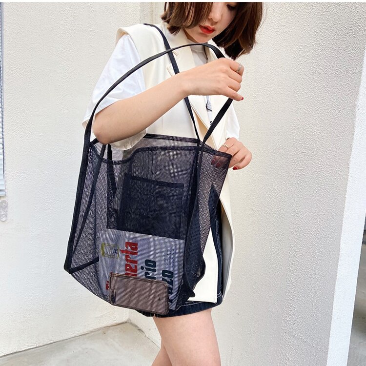 Mode Zomer Vrouwen Mesh Strandtassen Vrouwelijke Grote Schoudertas Shopper Bag Effen Kleur Dames Opvouwbare Casual Tote Oranje Handtassen