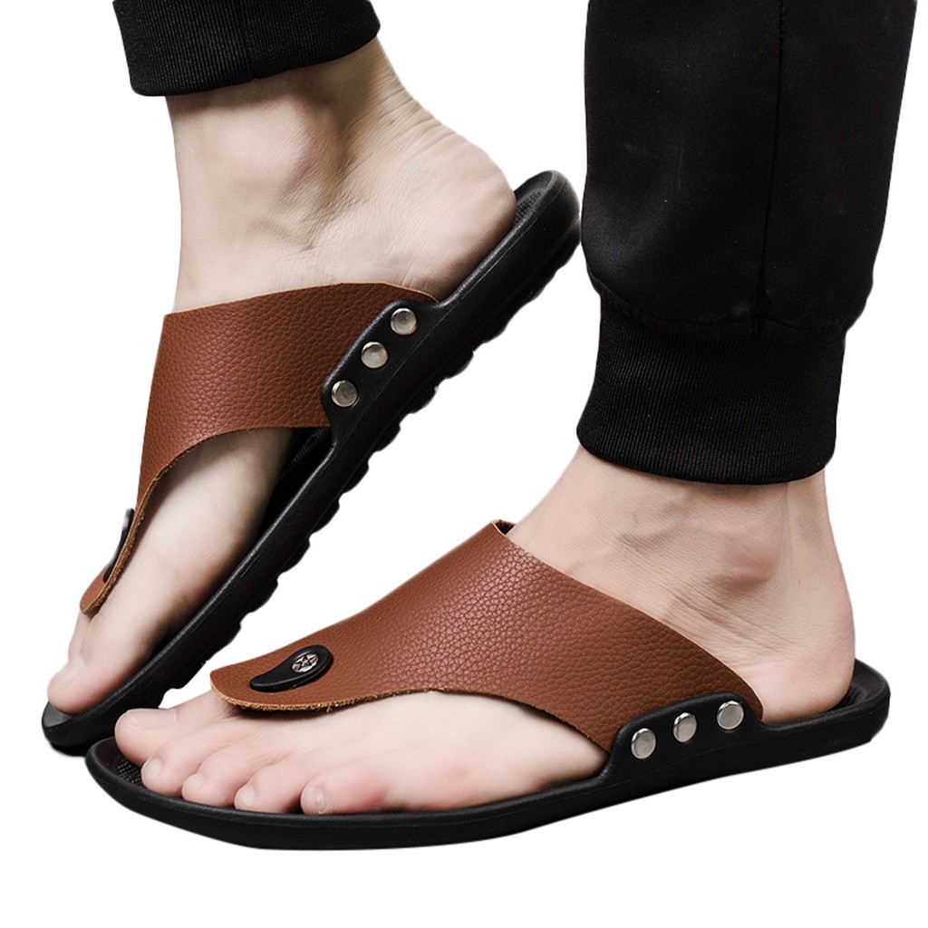 Herrtofflor solid läder flip flops herr bekväma t-rem sandaler med öppen tå sommar rom flip flop chinelo masculino beach
