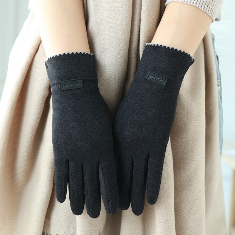 Grace Lady Gloves Women Winter Vintage Touch Screen Warm Windproof Cycling Driving Full Finger Glove Mittens G058: Black