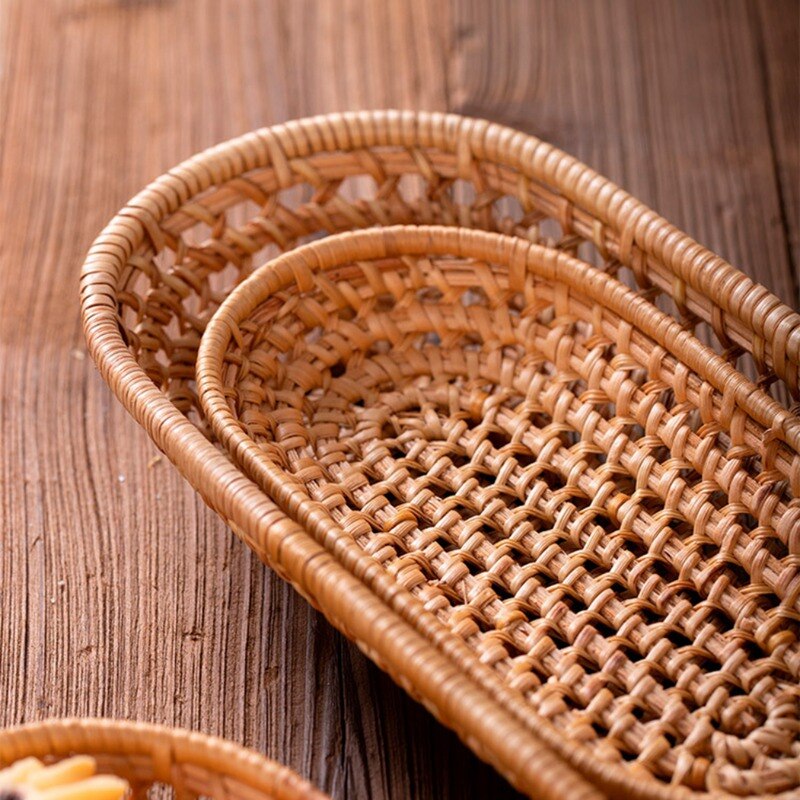 Rattan Storage Tray Basket with Handle Hand-Woven Rattan Tray Wicker Basket Bread Fruit Food Breakfast Display