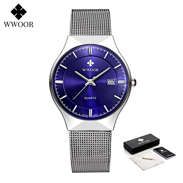 Relojes WWOOR plateados para hombre con malla de acero, superior de lujo, cuarzo ultrafino, resistente al agua, fecha, reloj de pulsera de negocios, caja Montre Homme