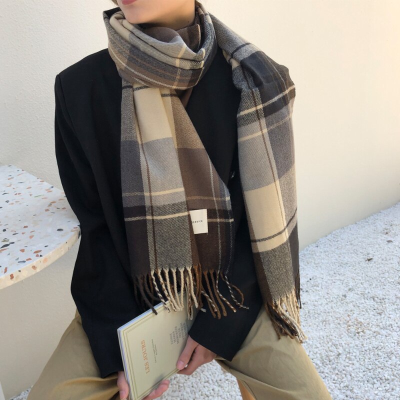 Korea Girls Scarf Women Cashmere ins Plaid Brown Scarf Warm Winter Pashmina Foulard Shawls Wraps Bandana