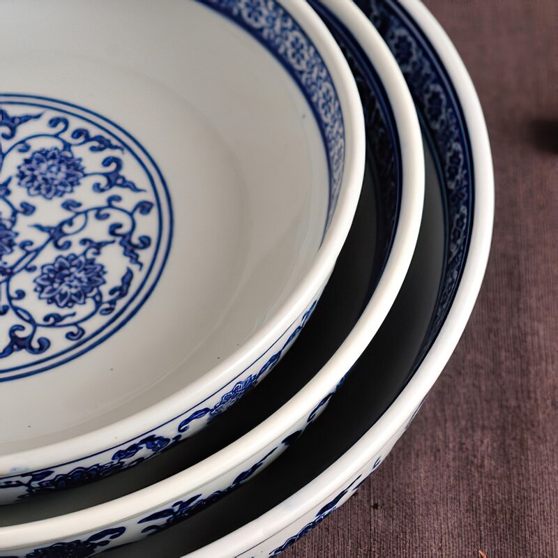 Chinese Flower Blue and White Porcelain Ceramic Plate Restaurant Household Multi-size Antique Salad Plate Deep Dish
