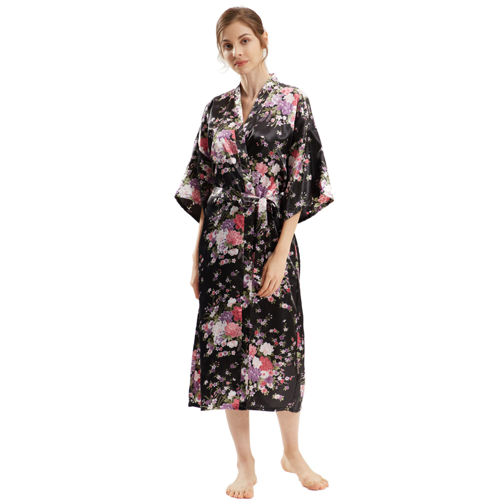 Kimono Badjas Jurk Met Halve Mouw Dames Lang Gewaad Print Bloemen Satijn Nachtkleding Thuis Jurk Losse Loungewear: Sky Blue