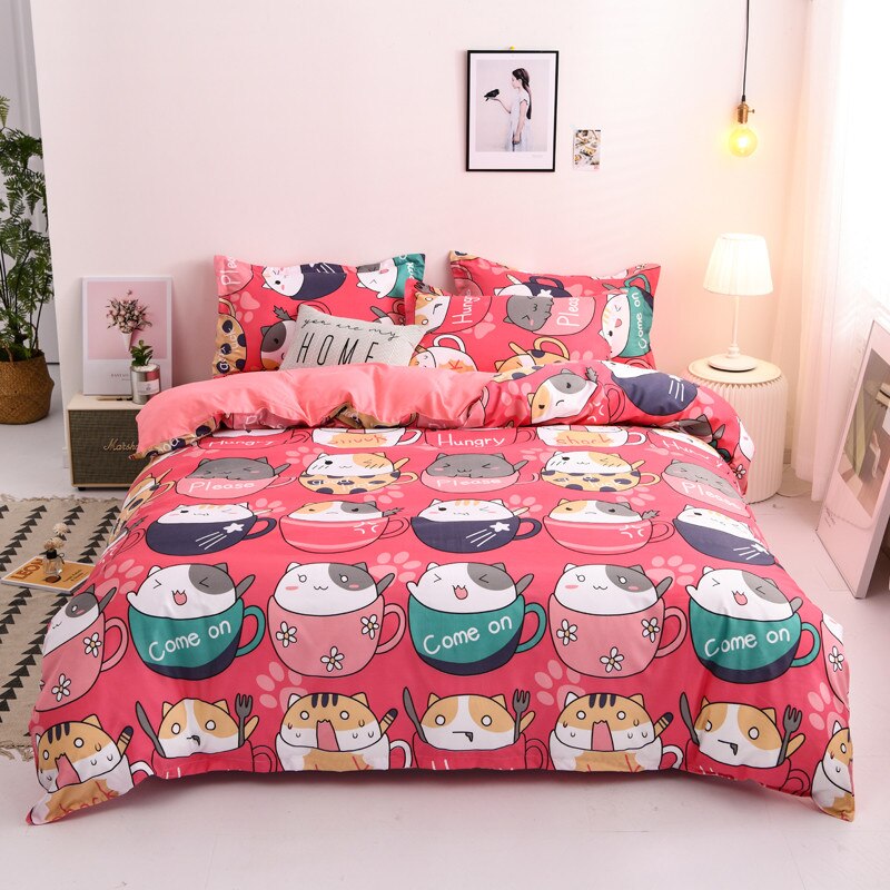 Rode Cartoon Kat Dekbedovertrek Kussensloop 3Pcs 220 × 240, Dekbedovertrek 200 × 230, dubbele Koningin Koning Beddengoed Sets, Rood Blad, Bed Cover