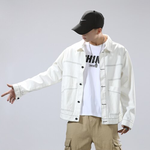 Syys denim takki miehille japanilainen trendi vaatteet napit takit paita streetwear teinien rock ja hip hop cargo takki: Valkoinen / Xxl