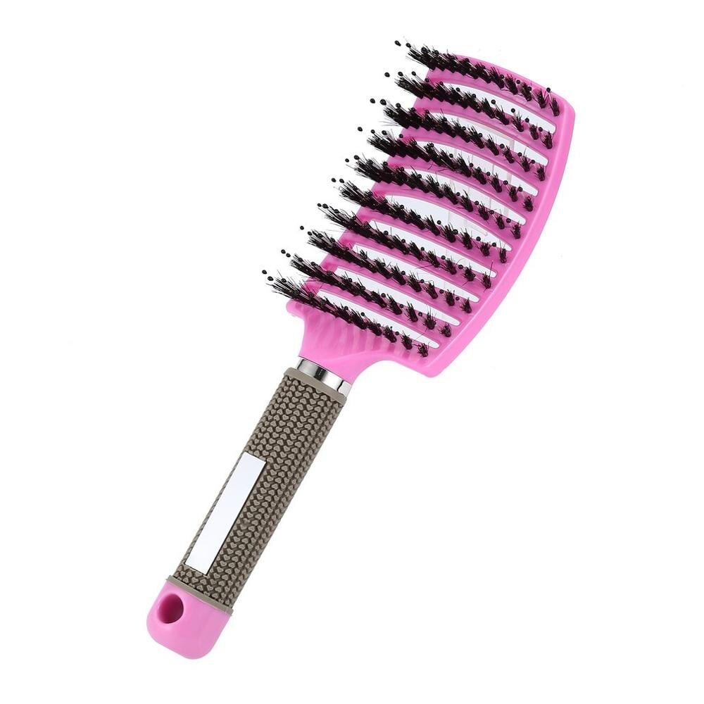 Kvinder kvindeligt hår hovedbundsmassage kam børste og nylon hårbørste våd krøllet detangle hårbørste til salon frisør styling værktøjer: Lyserød
