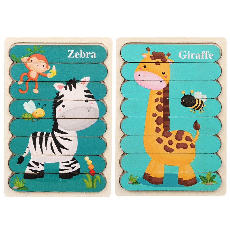 Kids Animal 3D Wooden Puzzle Montessori Toy Double-sided Strip Puzzle Telling Story Stacking Jigsaw Educational Toy For Children: WT258