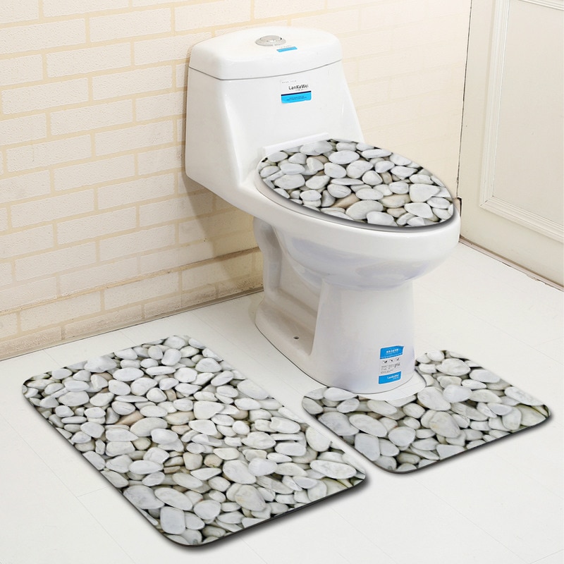 3 Piece Set Stone Printing Bath Mat Set Anti Slip Carpet Doormat Bathroom Cover Toilet Seat Mat Bath Rug Accessories for Toilet