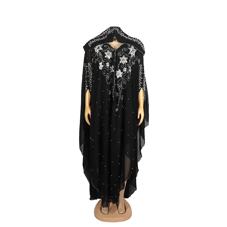 DOIB-vestidos africanos de gasa para mujer, vestido musulmán de talla grande Dashiki, cuentas de diamantes, Boubou, Abaya africana, Dubai: Black