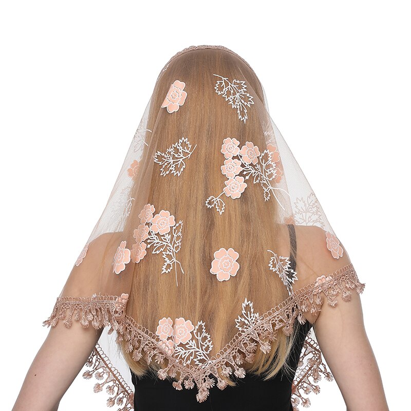 Lenço feminino triangular xale de renda para igreja, véu transparente bordado espanhol de renda para igrejam