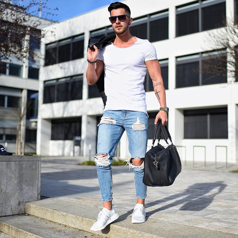Männer Denim Schlauch strecken Zerstört Zerrissene Knöchel Hosen Reißverschluss Dünne Jeans Für Männer Plus Größe Jeans