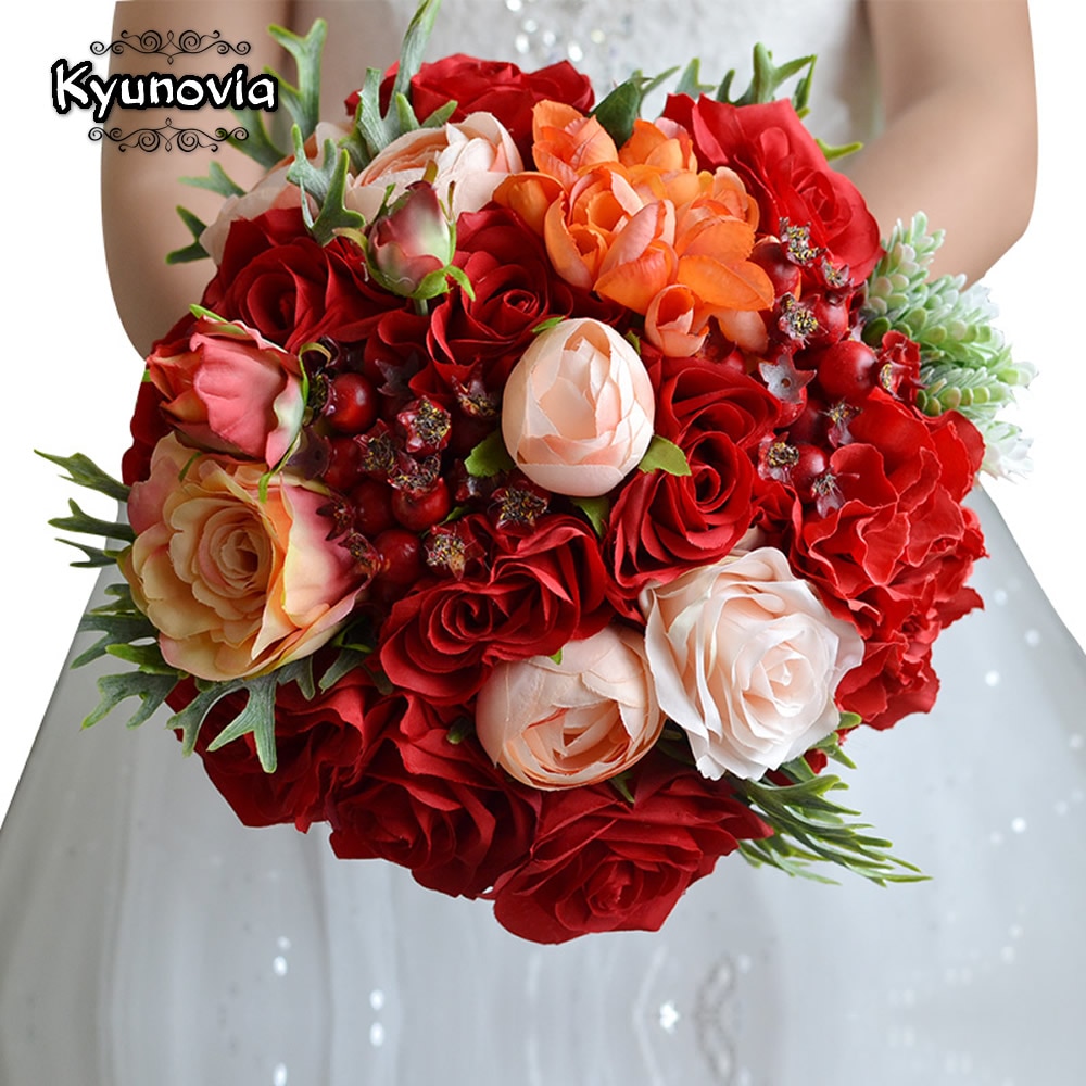 Kyunovia bryllupsblomster brudebuket røde roser buket bryllupstilbehør brudbuket bryllupsbrudbuketter  gc33